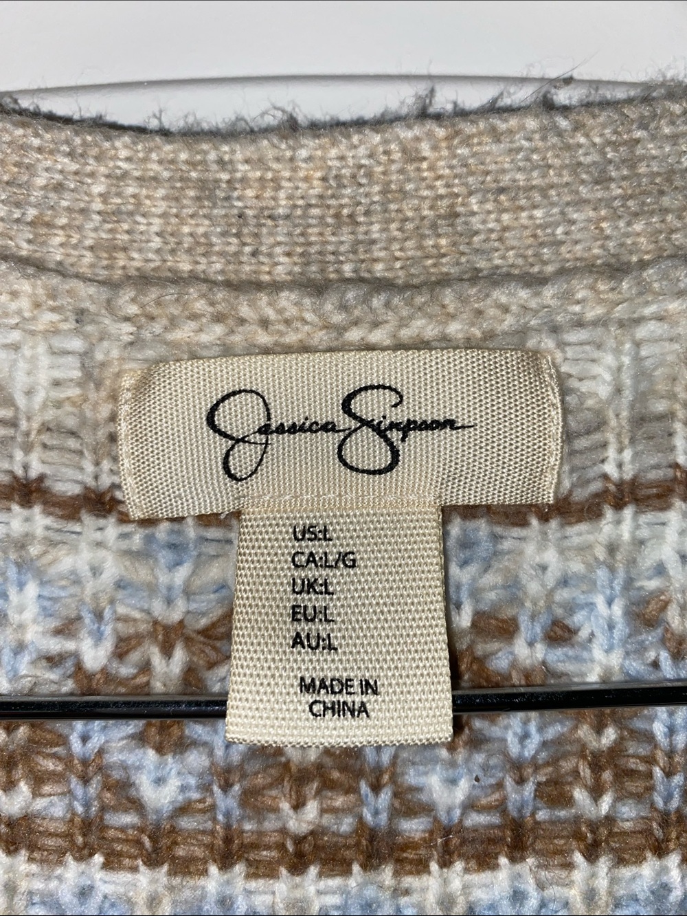 Jessica Simpson Beige, Brown and Light Blue Button Cropped Cardigan size Large - Picture 2 of 8
